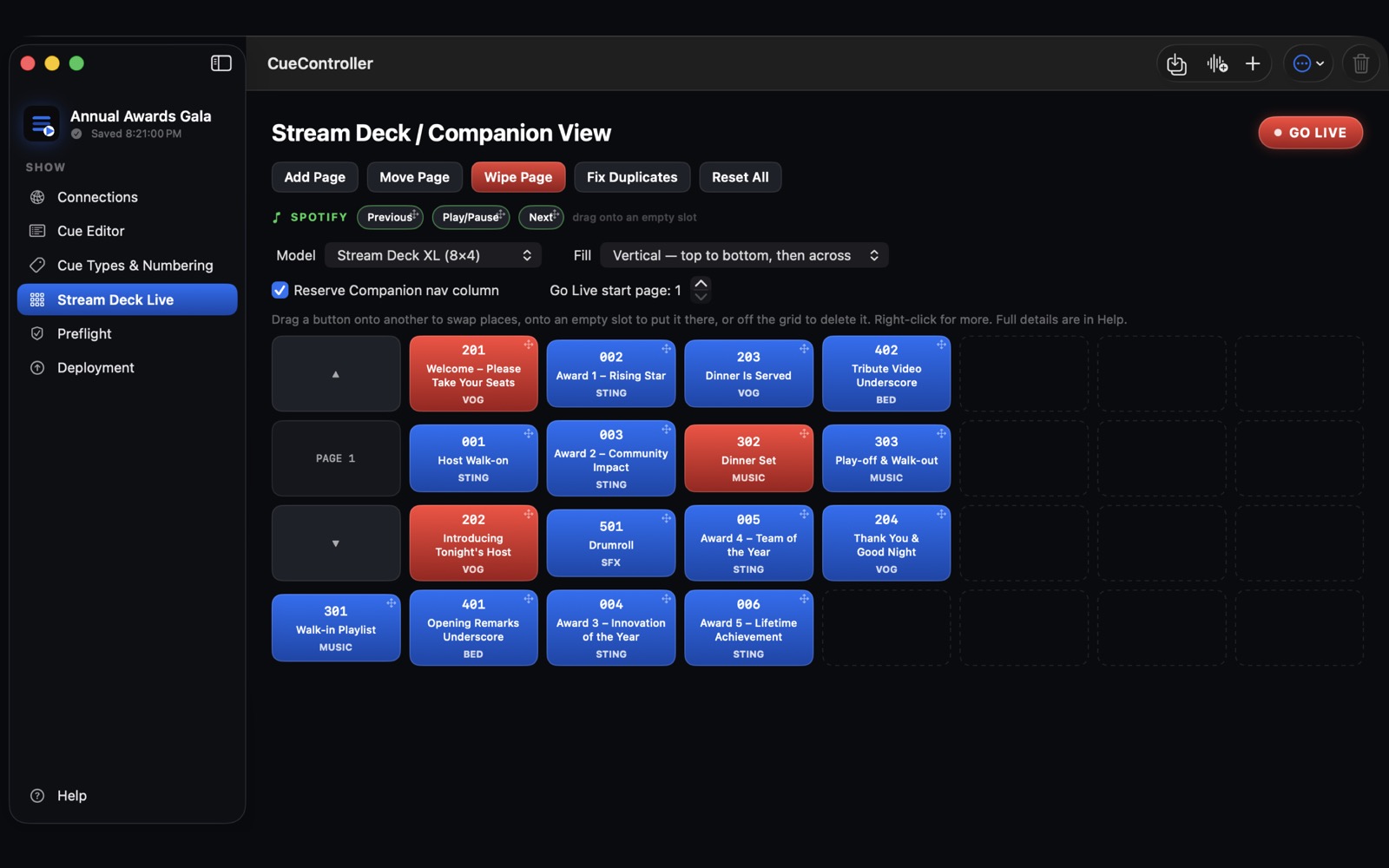CueController's Stream Deck Live screen, showing a deck page of cue buttons