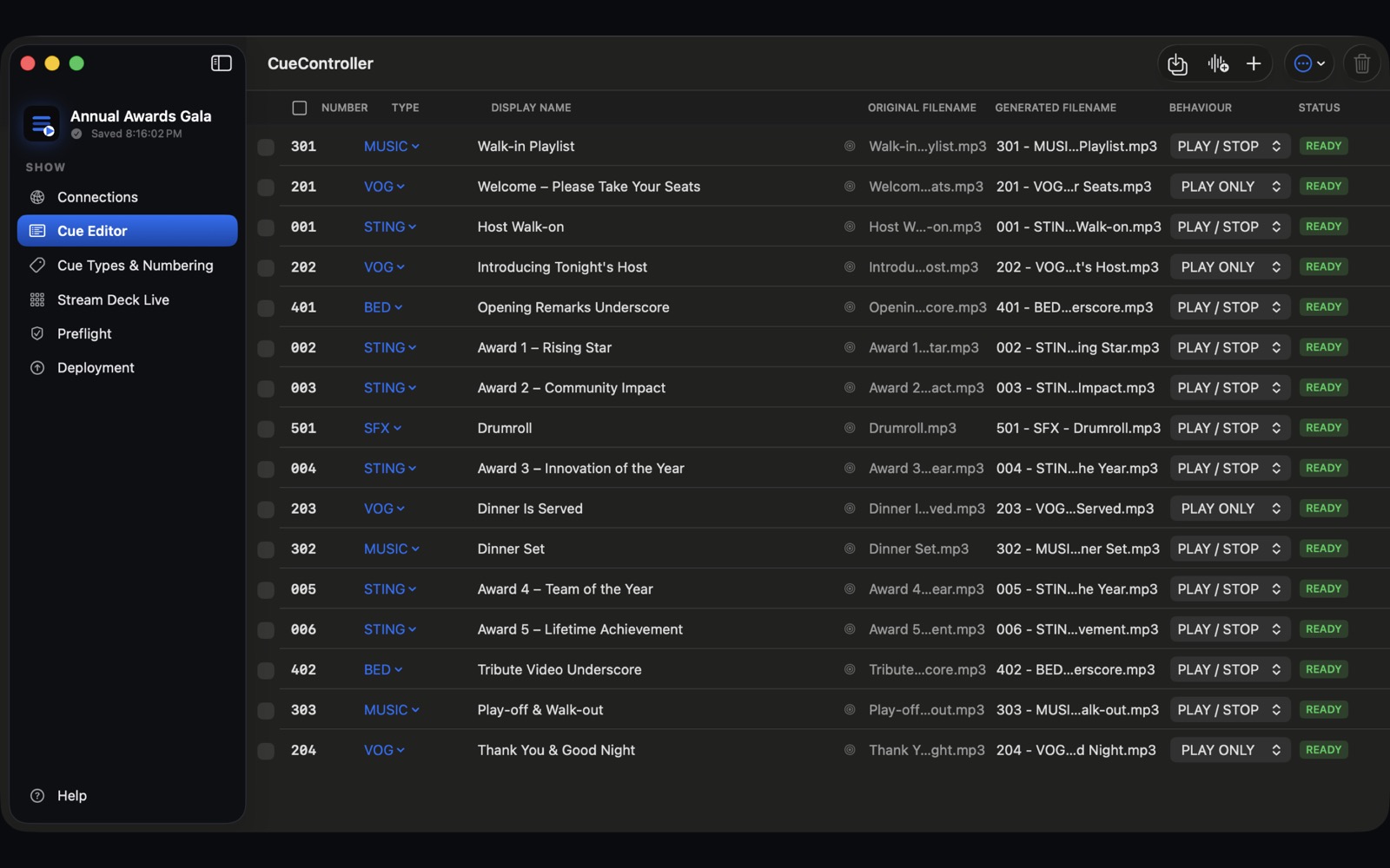 CueController's Cue Editor with a list of numbered cues