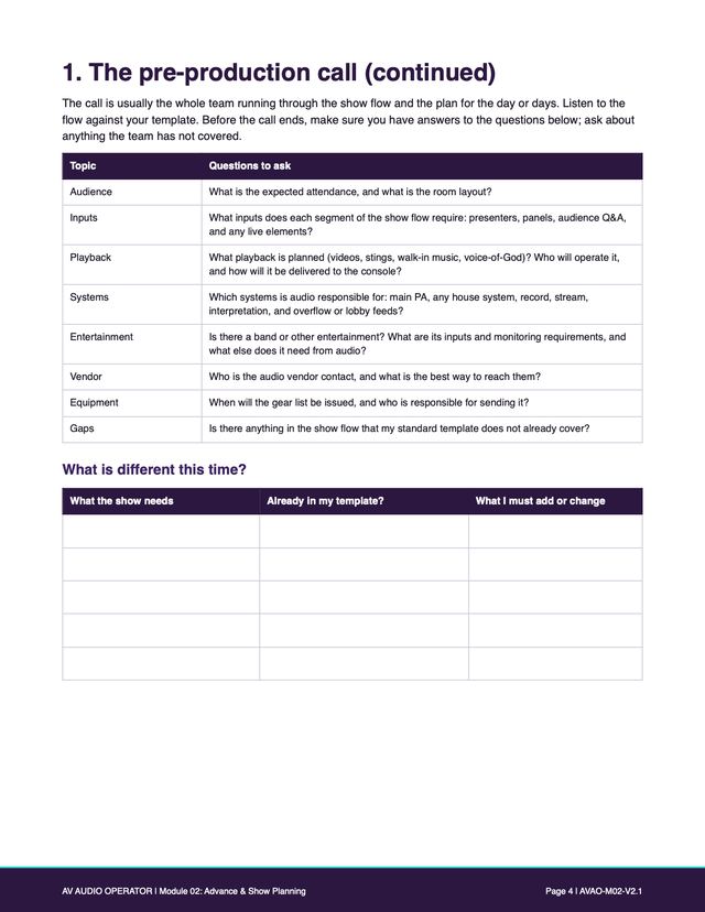 Workbook page: pre-production call questions by topic, and a table for what is different on this show